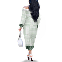 Samoa Siapo Green Trimmed Family Matching Off The Shoulder Long Sleeve Dress and Hawaiian Shirt Samoa White Sunday - Polynesian Pride