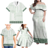 Samoa Siapo Green Trimmed Family Matching Off Shoulder Maxi Dress and Hawaiian Shirt Samoa White Sunday - Polynesian Pride