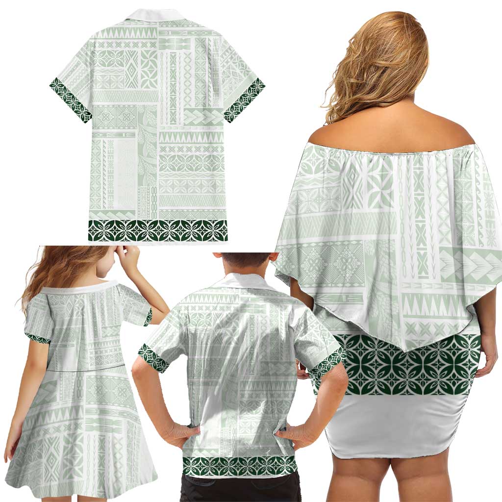 Samoa Siapo Green Trimmed Family Matching Off Shoulder Short Dress and Hawaiian Shirt Samoa White Sunday - Polynesian Pride