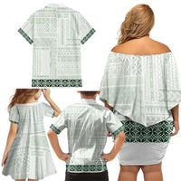Samoa Siapo Green Trimmed Family Matching Off Shoulder Short Dress and Hawaiian Shirt Samoa White Sunday - Polynesian Pride