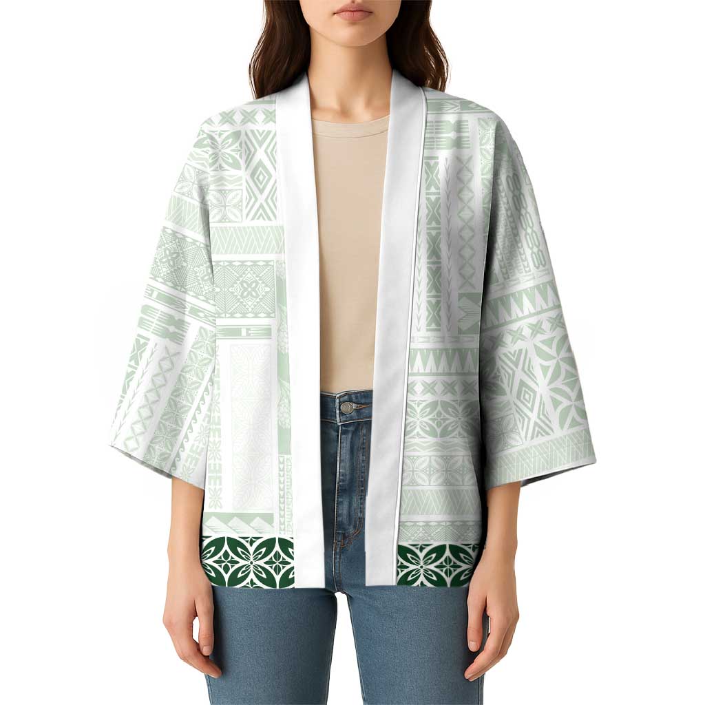 Samoa Siapo Green Trimmed Kimono Samoa White Sunday - Polynesian Pride