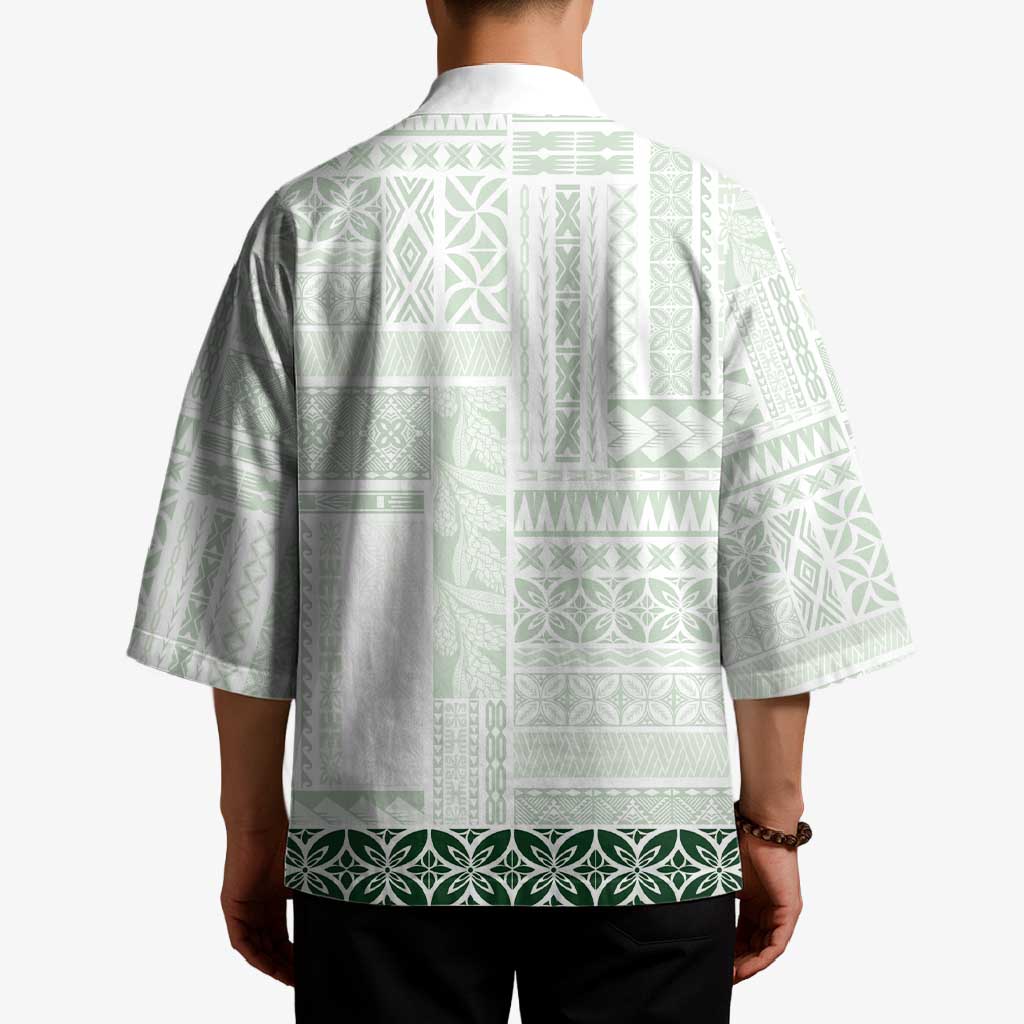 Samoa Siapo Green Trimmed Kimono Samoa White Sunday - Polynesian Pride