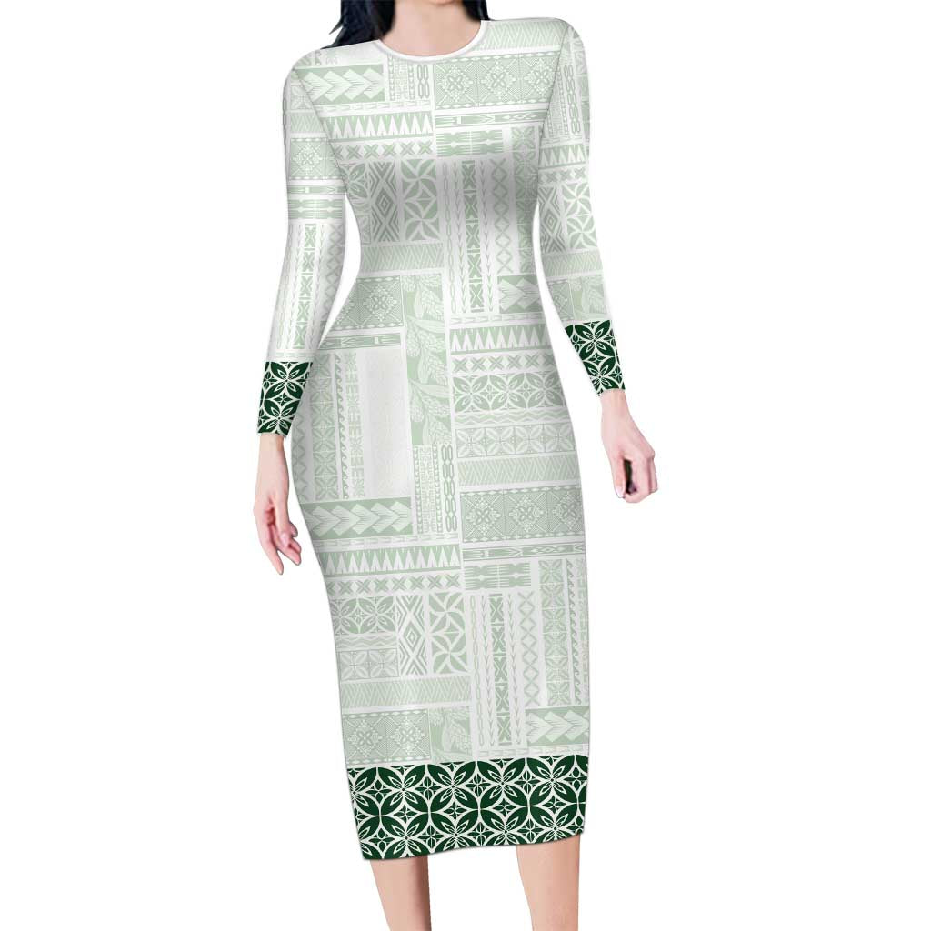 Samoa Siapo Green Trimmed Long Sleeve Bodycon Dress Samoa White Sunday - Polynesian Pride