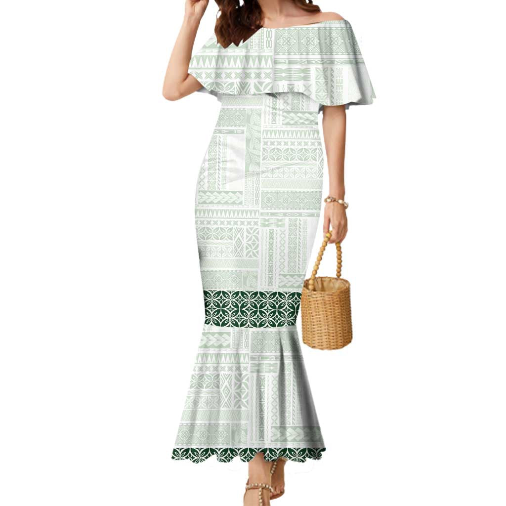 Samoa Siapo Green Trimmed Mermaid Dress Samoa White Sunday - Polynesian Pride