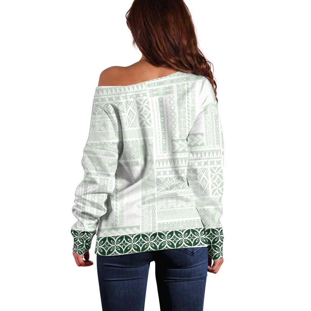 Samoa Siapo Green Trimmed Off Shoulder Sweater Samoa White Sunday - Polynesian Pride