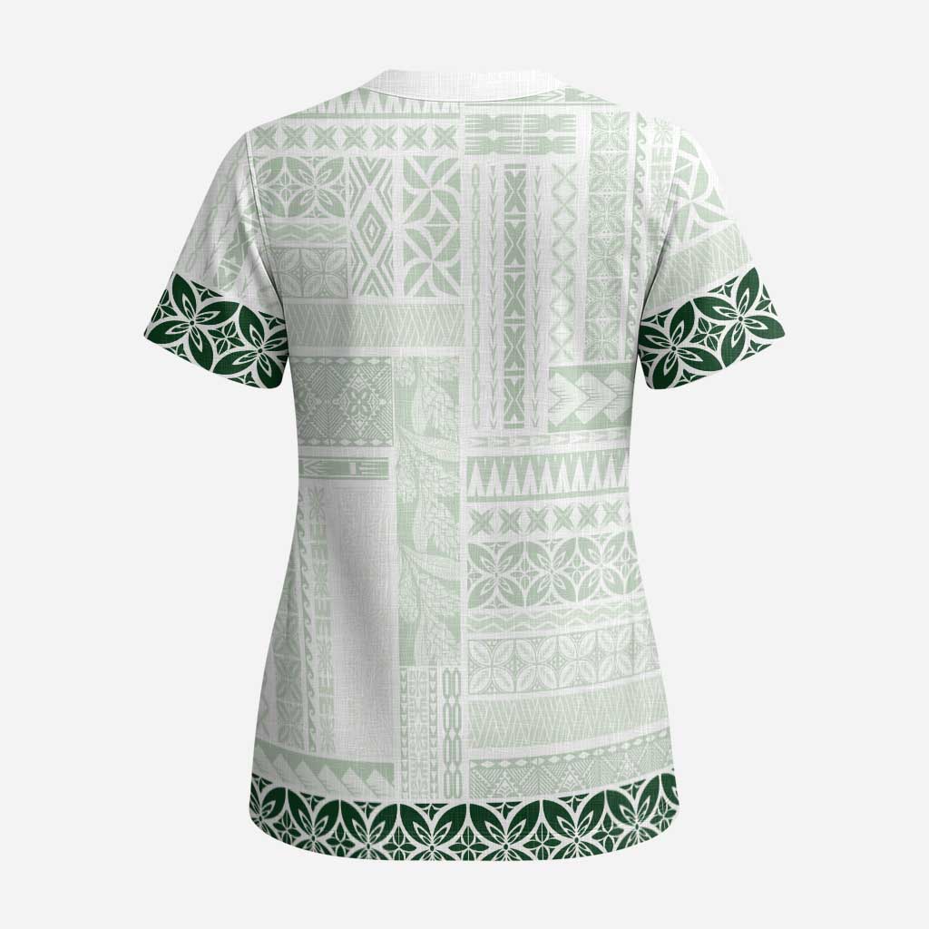 Samoa Siapo Green Trimmed Scrub Top Samoa White Sunday - Polynesian Pride
