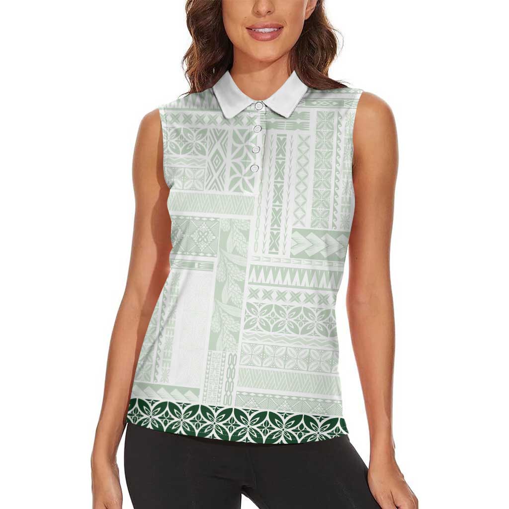 Samoa Siapo Green Trimmed Women Sleeveless Polo Shirt Samoa White Sunday - Polynesian Pride