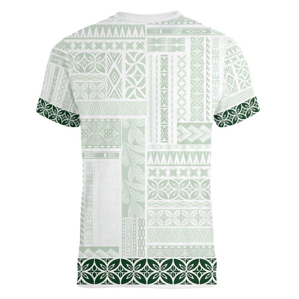 Samoa Siapo Green Trimmed Women V-Neck T-Shirt Samoa White Sunday - Polynesian Pride