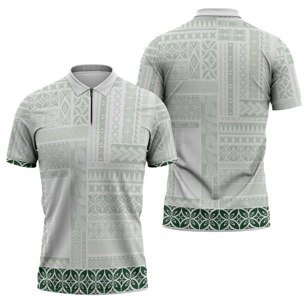Samoa Siapo Green Trimmed Zipper Polo Shirt Samoa White Sunday - Polynesian Pride