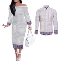Samoa Siapo Purple Trimmed Couples Matching Off The Shoulder Long Sleeve Dress and Long Sleeve Button Shirt Samoa White Sunday - Polynesian Pride