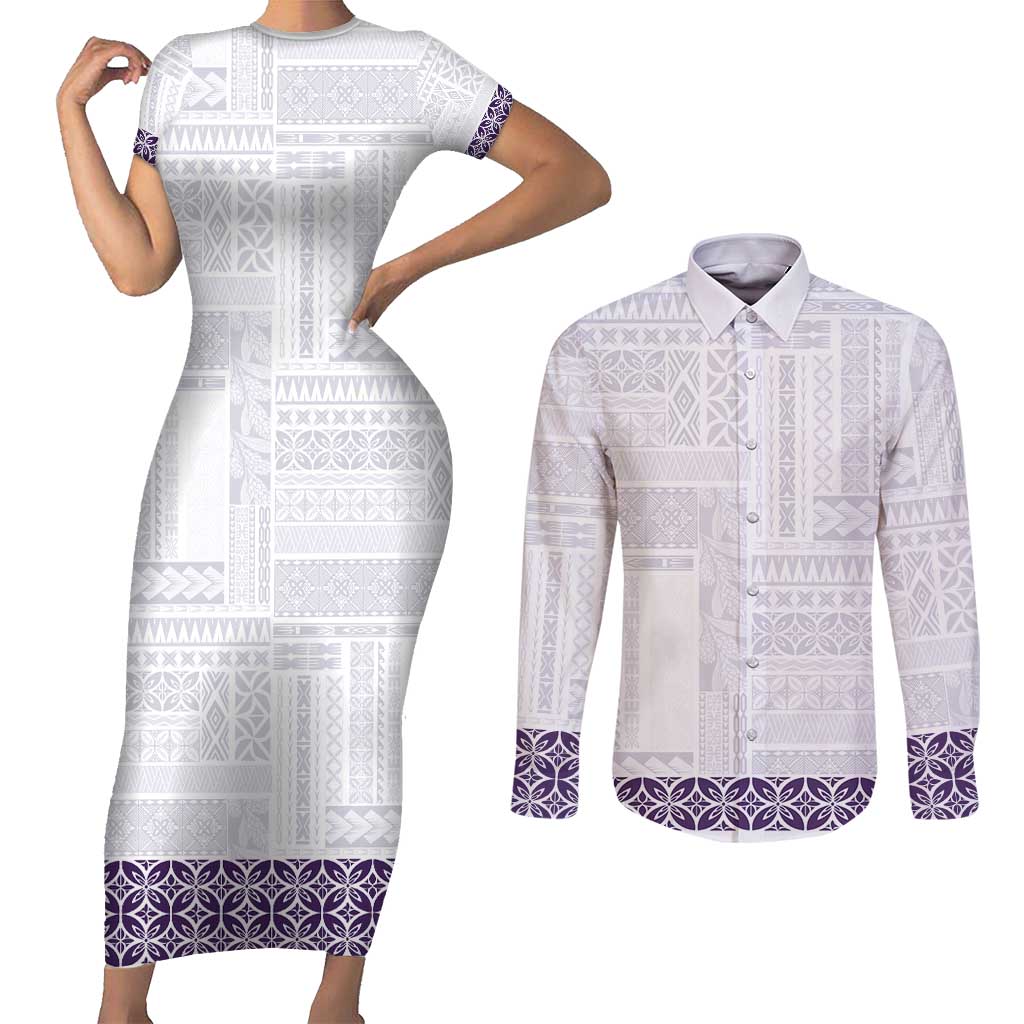 Samoa Siapo Purple Trimmed Couples Matching Short Sleeve Bodycon Dress and Long Sleeve Button Shirt Samoa White Sunday - Polynesian Pride