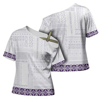 Samoa Siapo Purple Trimmed Cross Shoulder Shirt Samoa White Sunday - Polynesian Pride