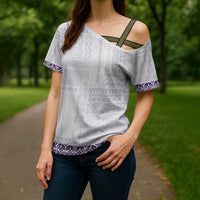 Samoa Siapo Purple Trimmed Cross Shoulder Shirt Samoa White Sunday - Polynesian Pride