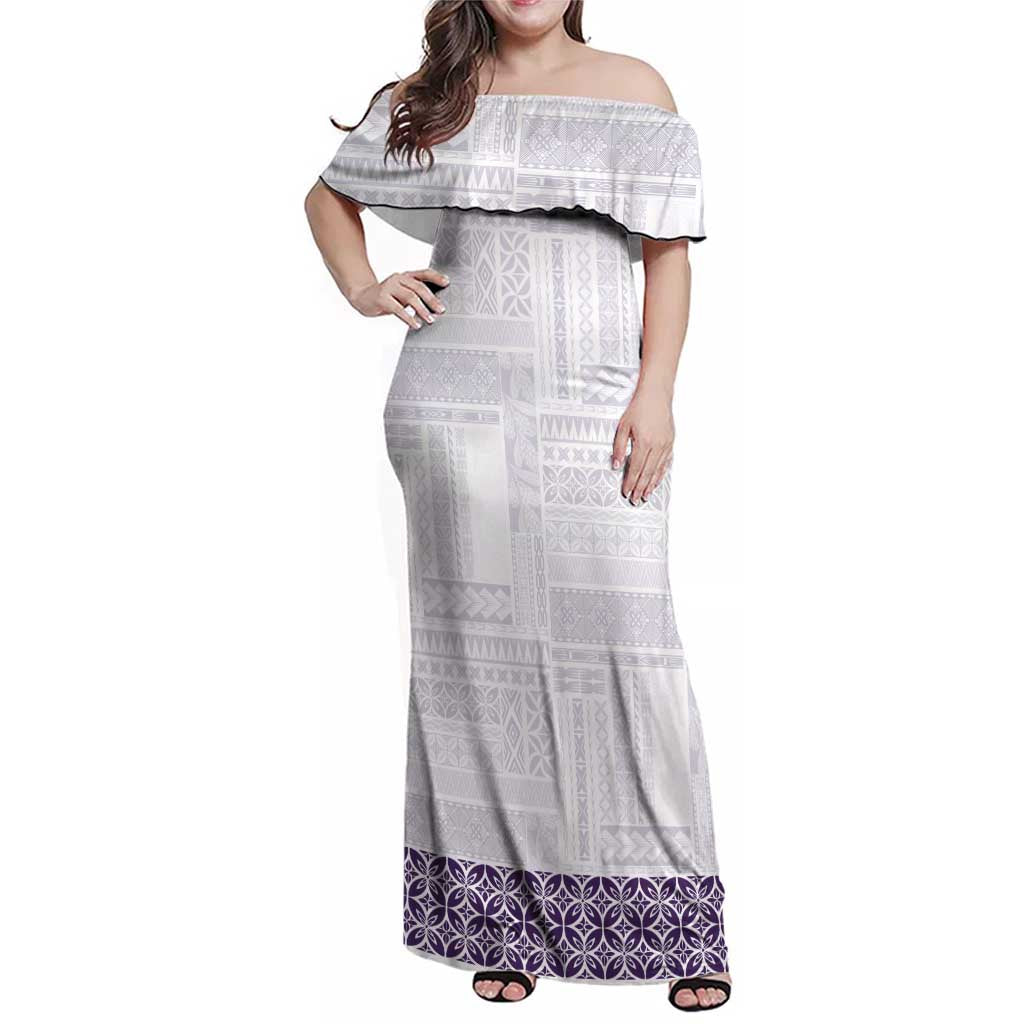 Samoa Siapo Purple Trimmed Family Matching Off Shoulder Maxi Dress and Hawaiian Shirt Samoa White Sunday - Polynesian Pride