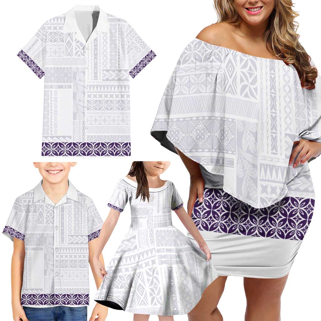 Samoa Siapo Purple Trimmed Family Matching Off Shoulder Short Dress and Hawaiian Shirt Samoa White Sunday - Polynesian Pride