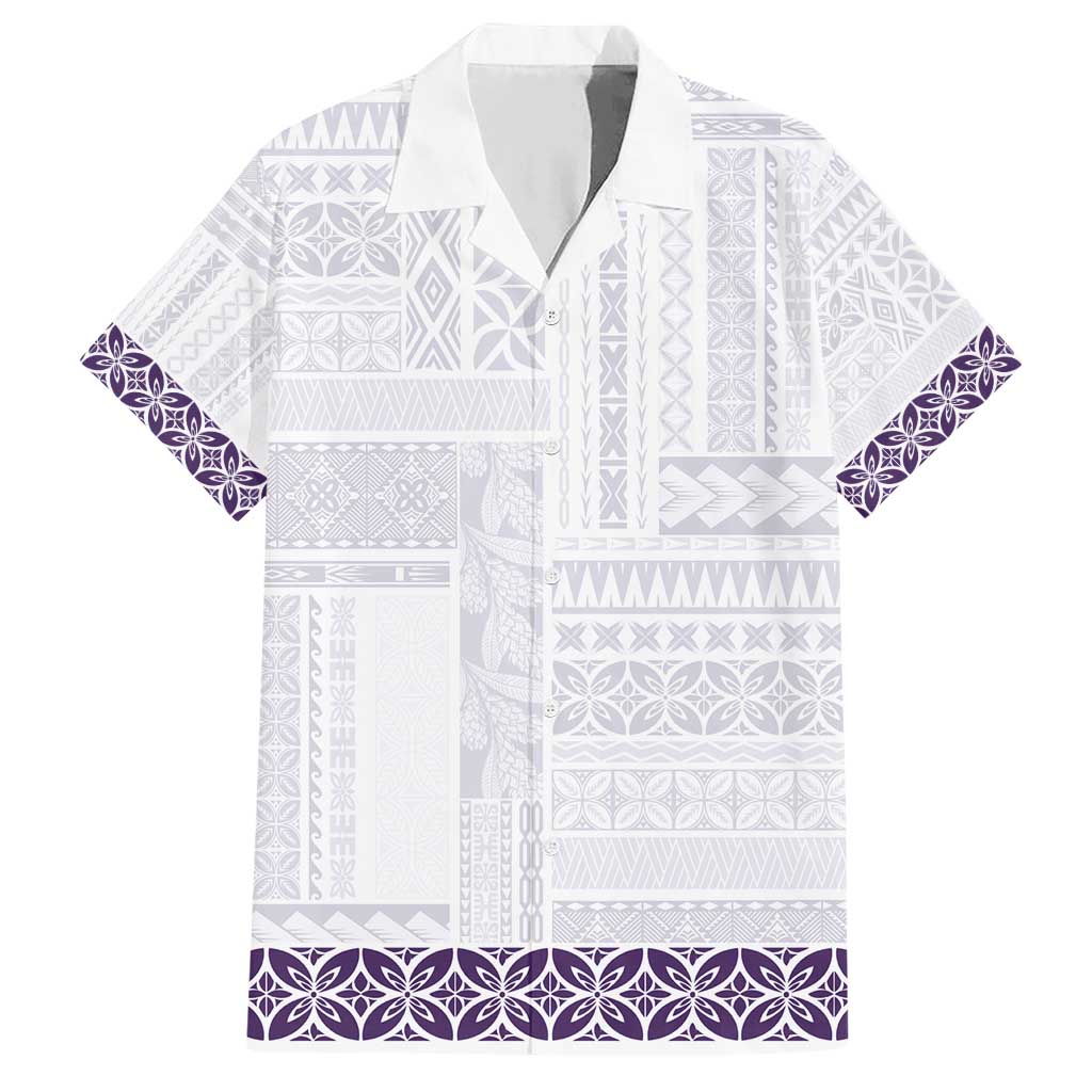 Samoa Siapo Purple Trimmed Family Matching Short Sleeve Bodycon Dress and Hawaiian Shirt Samoa White Sunday - Polynesian Pride