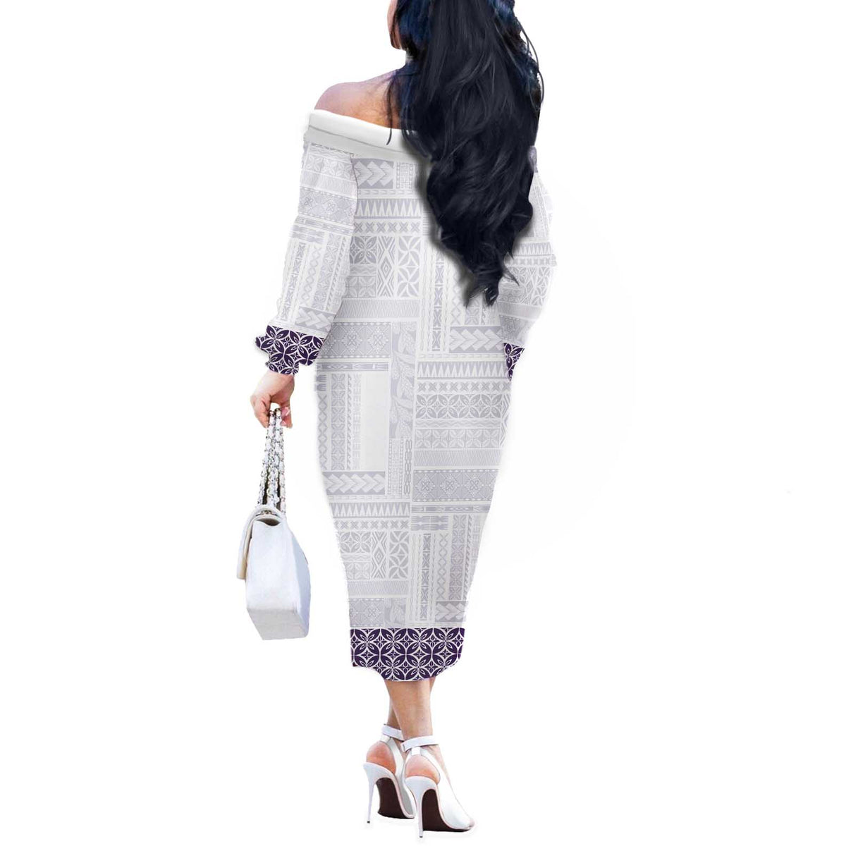 Samoa Siapo Purple Trimmed Off The Shoulder Long Sleeve Dress Samoa White Sunday - Polynesian Pride