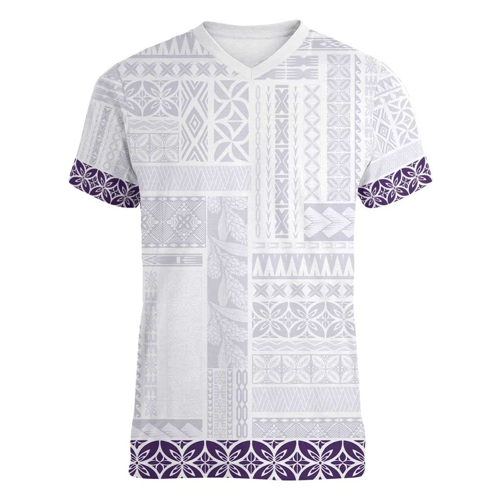 Samoa Siapo Purple Trimmed Women V-Neck T-Shirt Samoa White Sunday - Polynesian Pride