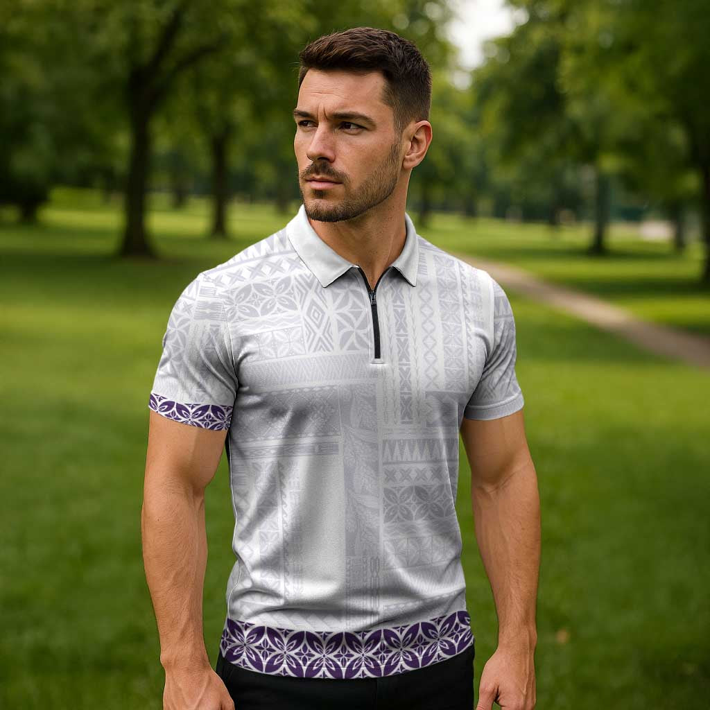 Samoa Siapo Purple Trimmed Zipper Polo Shirt Samoa White Sunday - Polynesian Pride