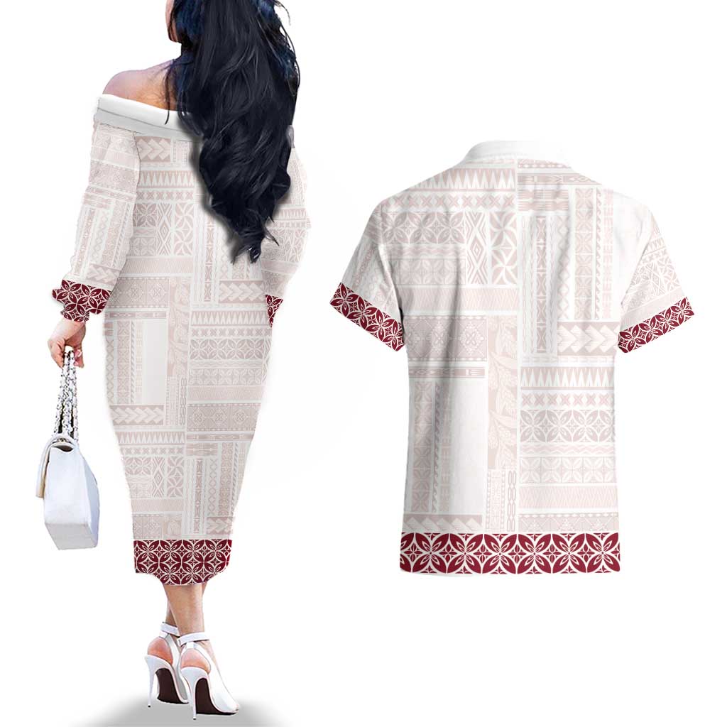 Samoa Siapo Red Trimmed Couples Matching Off The Shoulder Long Sleeve Dress and Hawaiian Shirt Samoa White Sunday - Polynesian Pride
