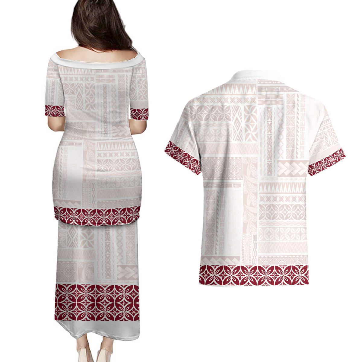 Samoa Siapo Red Trimmed Couples Matching Puletasi and Hawaiian Shirt Samoa White Sunday - Polynesian Pride