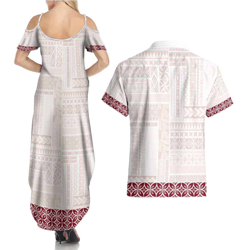Samoa Siapo Red Trimmed Couples Matching Summer Maxi Dress and Hawaiian Shirt Samoa White Sunday - Polynesian Pride