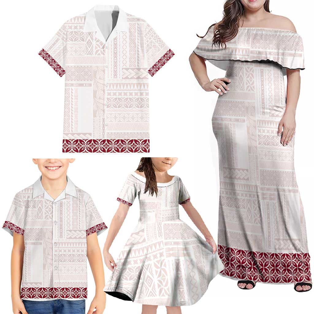 Samoa Siapo Red Trimmed Family Matching Off Shoulder Maxi Dress and Hawaiian Shirt Samoa White Sunday - Polynesian Pride
