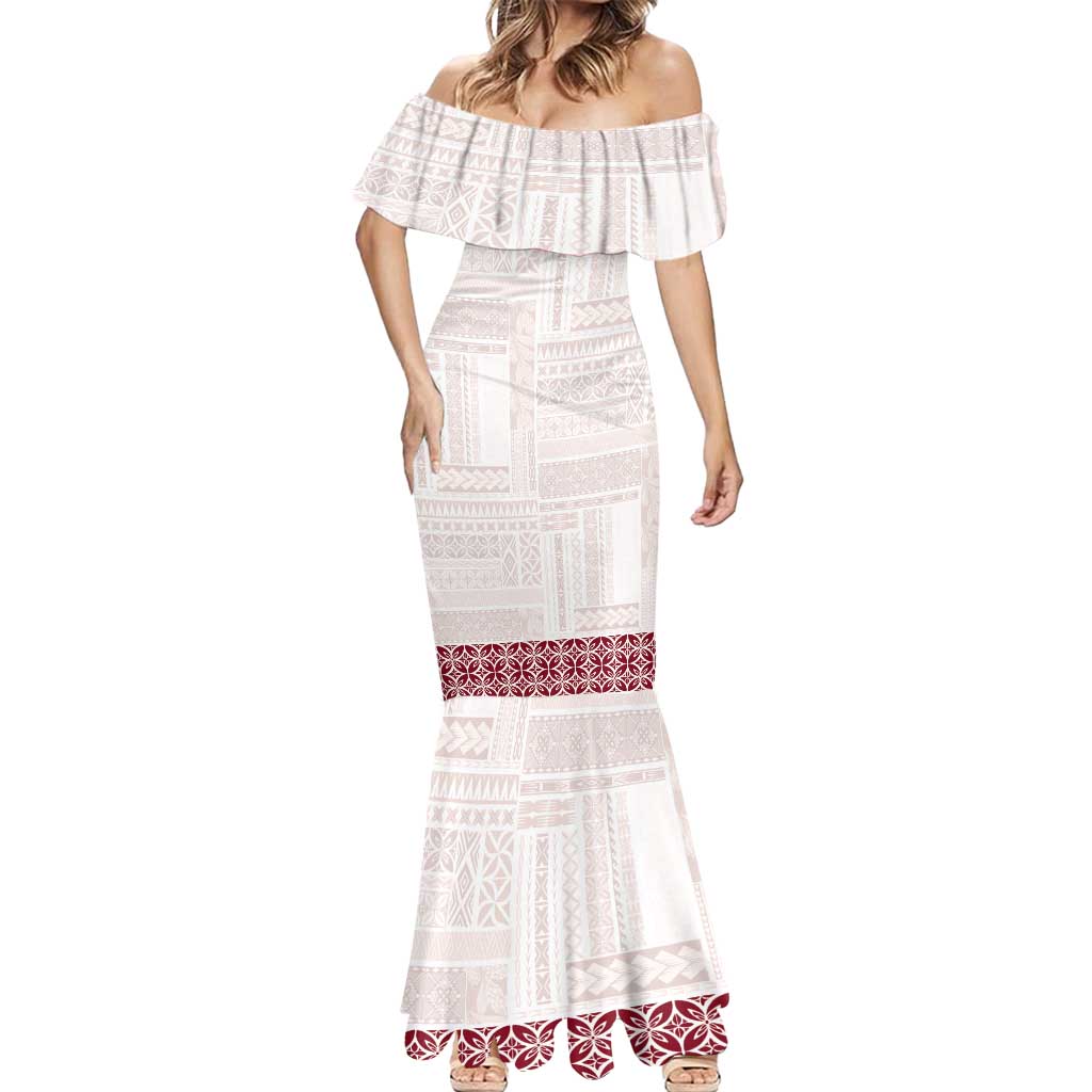 Samoa Siapo Red Trimmed Mermaid Dress Samoa White Sunday - Polynesian Pride