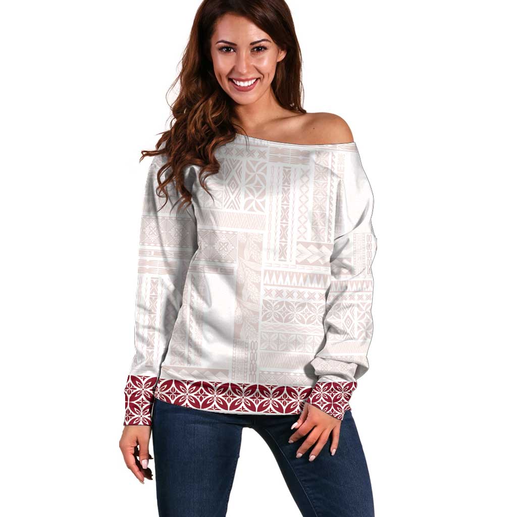 Samoa Siapo Red Trimmed Off Shoulder Sweater Samoa White Sunday - Polynesian Pride