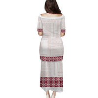 Samoa Siapo Red Trimmed Puletasi Samoa White Sunday - Polynesian Pride