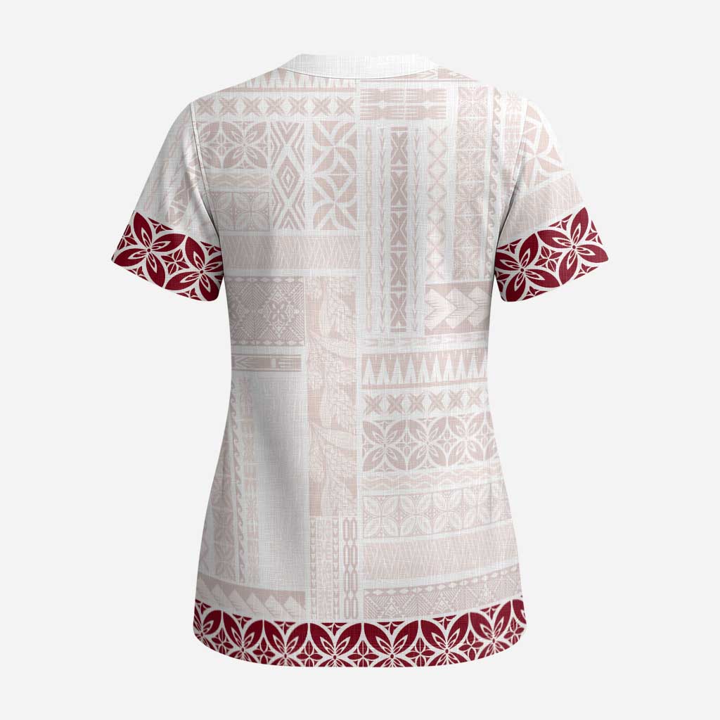 Samoa Siapo Red Trimmed Scrub Top Samoa White Sunday - Polynesian Pride