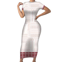 Samoa Siapo Red Trimmed Short Sleeve Bodycon Dress Samoa White Sunday - Polynesian Pride