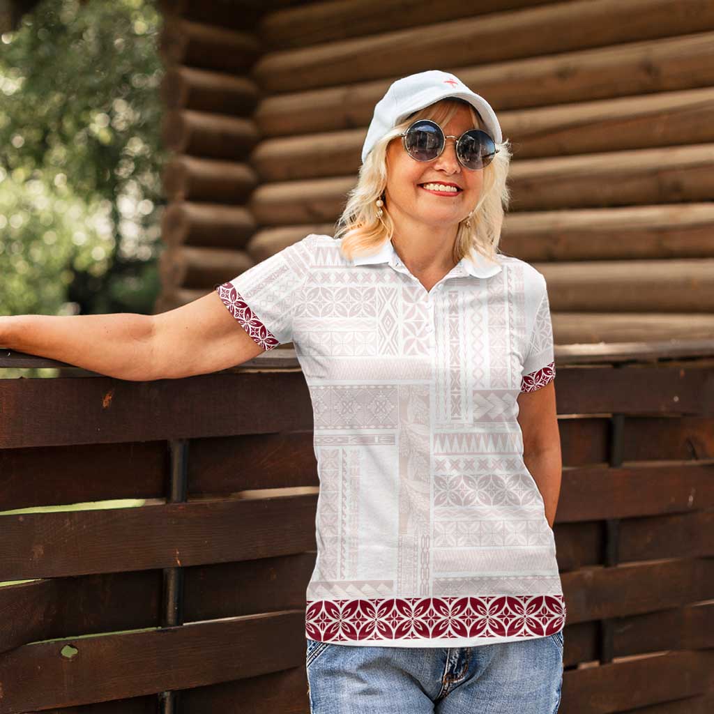Samoa Siapo Red Trimmed Women Polo Shirt Samoa White Sunday - Polynesian Pride