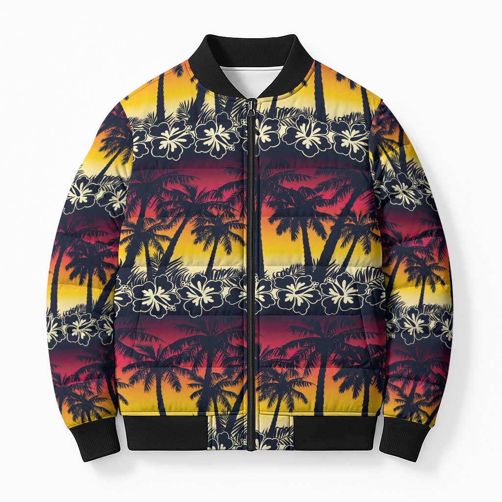 Hawaii Hibiscus Palm Tree Sunset Bomber Puffer Jacket Tropical Style - Polynesian Pride