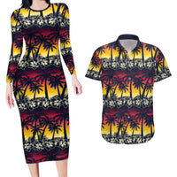 Hawaii Hibiscus Palm Tree Sunset Couples Matching Long Sleeve Bodycon Dress and Hawaiian Shirt Tropical Style - Polynesian Pride