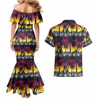 Hawaii Hibiscus Palm Tree Sunset Couples Matching Mermaid Dress and Hawaiian Shirt Tropical Style - Polynesian Pride