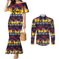 Hawaii Hibiscus Palm Tree Sunset Couples Matching Mermaid Dress and Long Sleeve Button Shirt Tropical Style - Polynesian Pride
