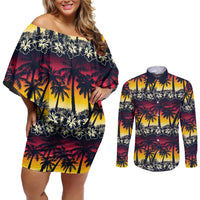 Hawaii Hibiscus Palm Tree Sunset Couples Matching Off Shoulder Short Dress and Long Sleeve Button Shirt Tropical Style - Polynesian Pride