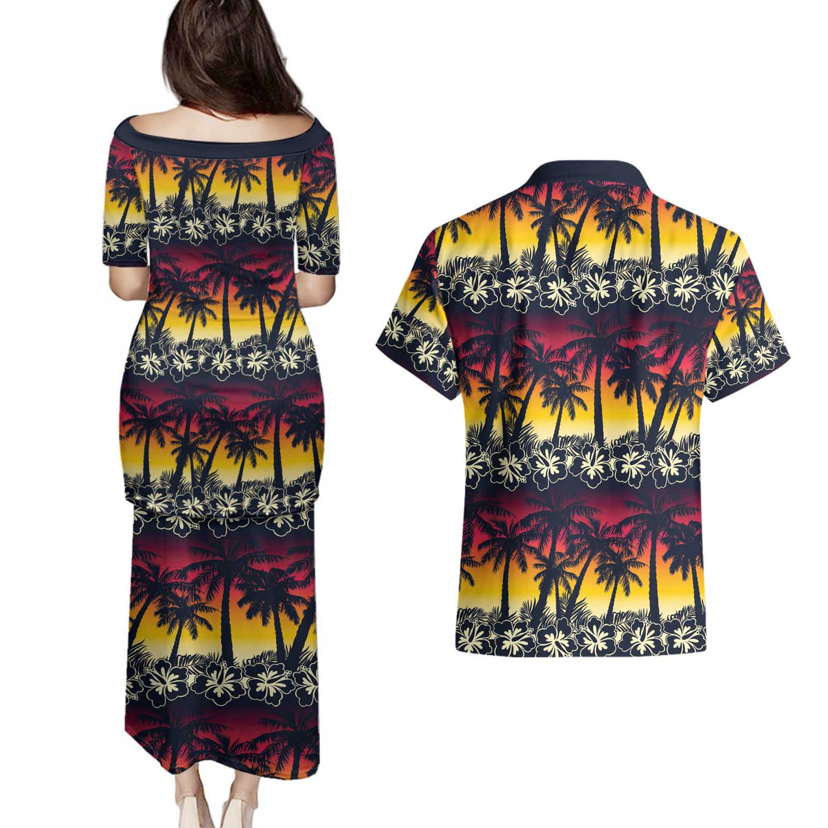 Hawaii Hibiscus Palm Tree Sunset Couples Matching Puletasi and Hawaiian Shirt Tropical Style - Polynesian Pride