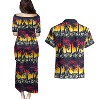 Hawaii Hibiscus Palm Tree Sunset Couples Matching Puletasi and Hawaiian Shirt Tropical Style - Polynesian Pride