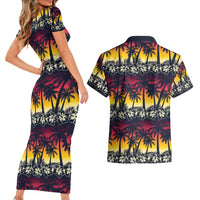 Hawaii Hibiscus Palm Tree Sunset Couples Matching Short Sleeve Bodycon Dress and Hawaiian Shirt Tropical Style - Polynesian Pride