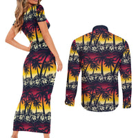 Hawaii Hibiscus Palm Tree Sunset Couples Matching Short Sleeve Bodycon Dress and Long Sleeve Button Shirt Tropical Style - Polynesian Pride