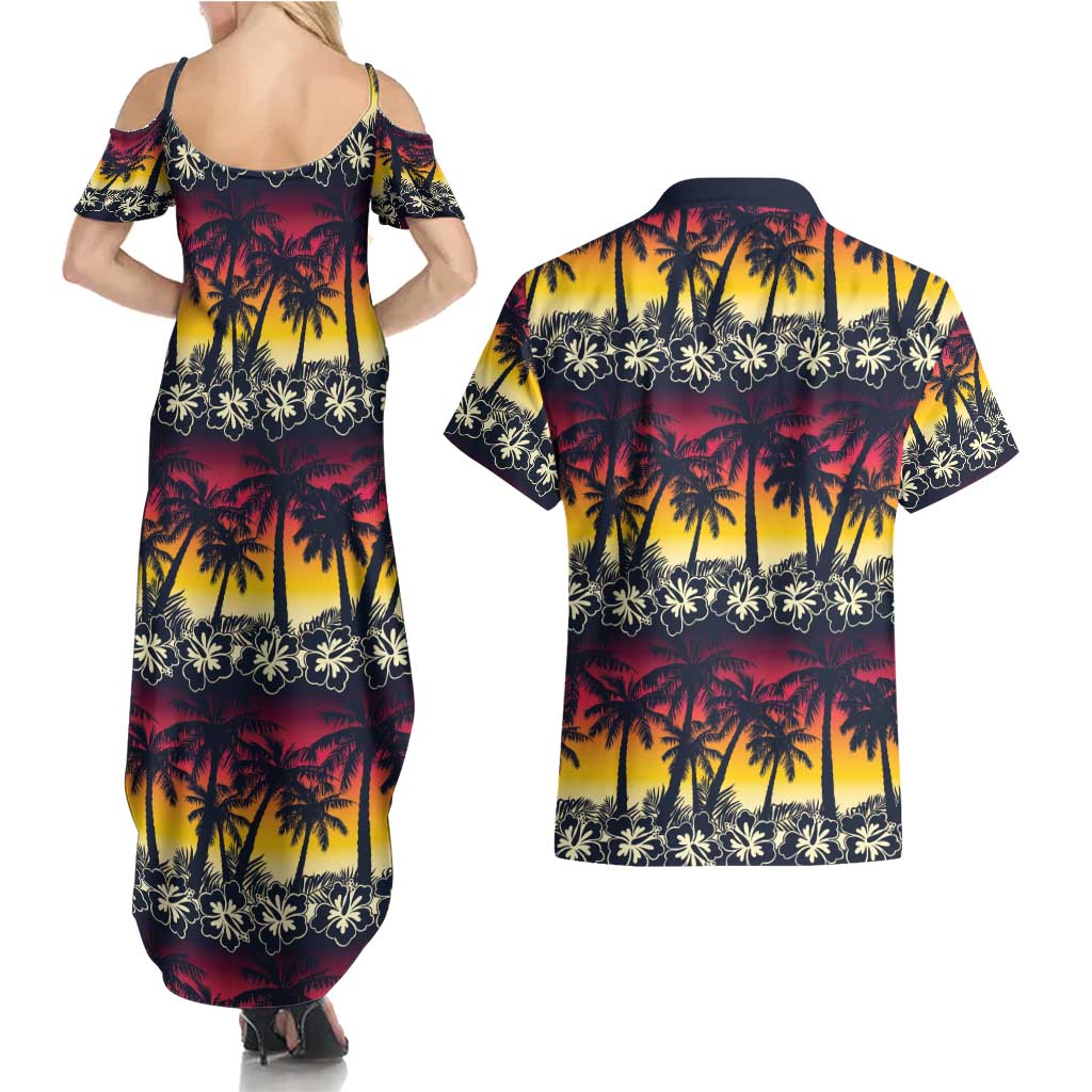 Hawaii Hibiscus Palm Tree Sunset Couples Matching Summer Maxi Dress and Hawaiian Shirt Tropical Style - Polynesian Pride