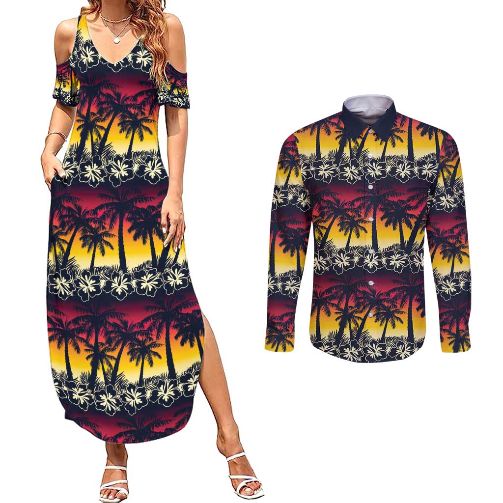 Hawaii Hibiscus Palm Tree Sunset Couples Matching Summer Maxi Dress and Long Sleeve Button Shirt Tropical Style - Polynesian Pride