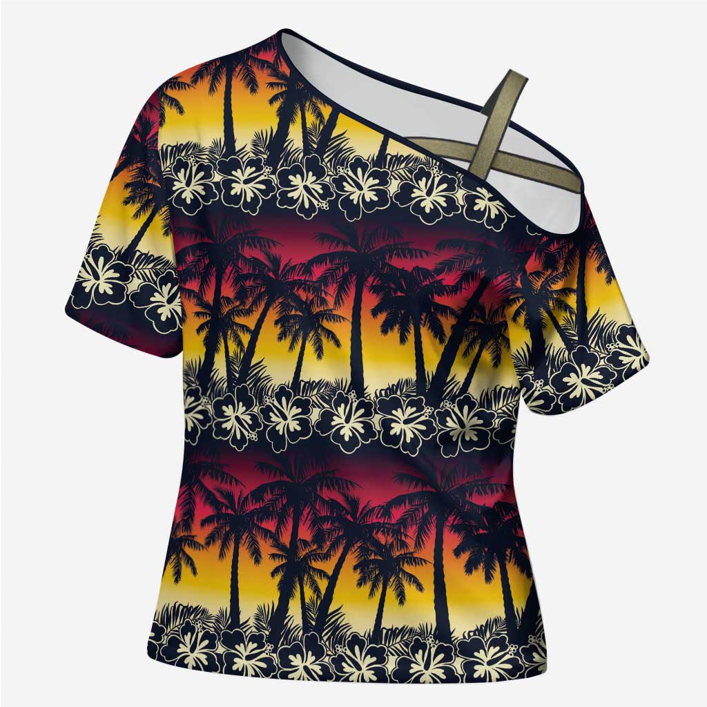Hawaii Hibiscus Palm Tree Sunset Cross Shoulder Shirt Tropical Style - Polynesian Pride