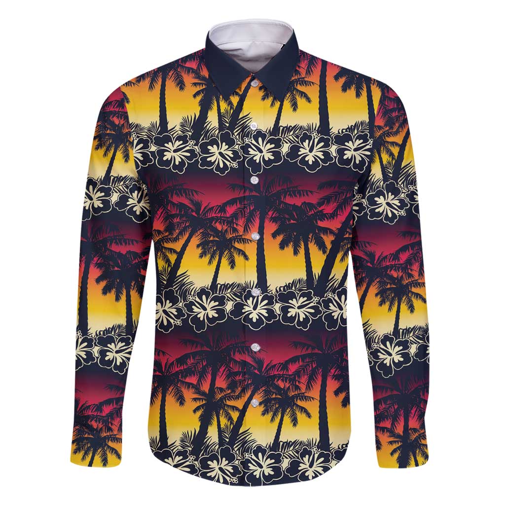 Hawaii Hibiscus Palm Tree Sunset Family Matching Long Sleeve Bodycon Dress and Hawaiian Shirt Tropical Style - Polynesian Pride
