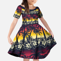 Hawaii Hibiscus Palm Tree Sunset Family Matching Off The Shoulder Long Sleeve Dress and Hawaiian Shirt Tropical Style - Polynesian Pride