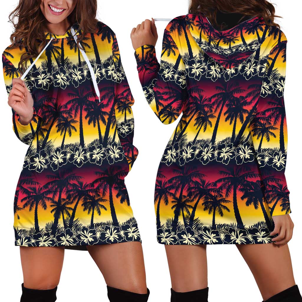 Hawaii Hibiscus Palm Tree Sunset Hoodie Dress Tropical Style - Polynesian Pride