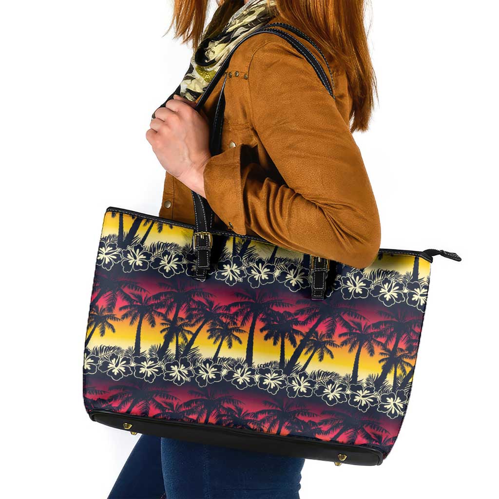 Hawaii Hibiscus Palm Tree Sunset Leather Tote Bag Tropical Style - Polynesian Pride