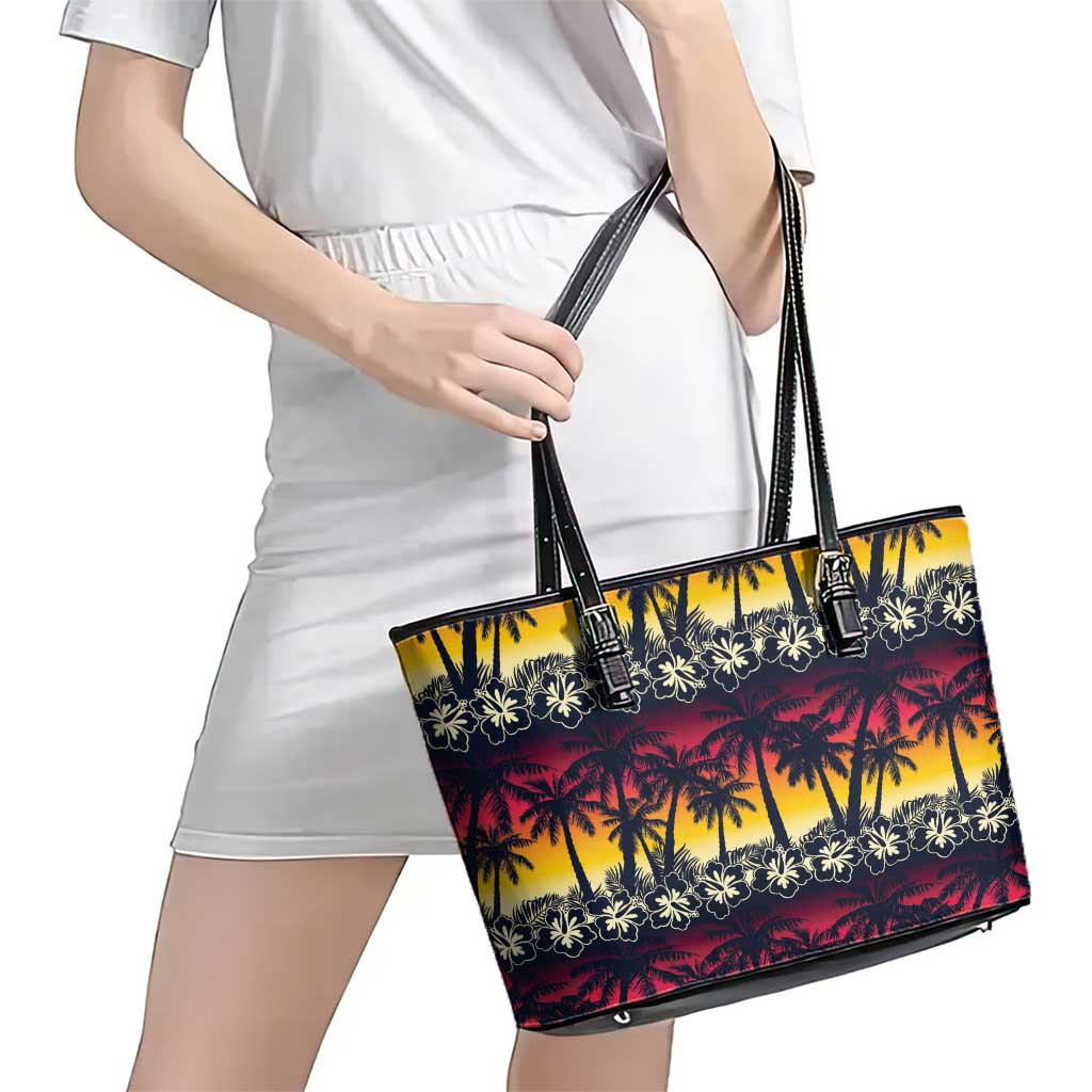 Hawaii Hibiscus Palm Tree Sunset Leather Tote Bag Tropical Style - Polynesian Pride
